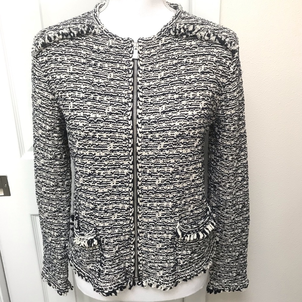 MASSIMO DUTTI Navy Blue White Fringe Full Zip Unlined Knit Blazer Jacket M